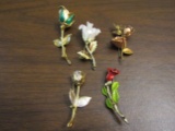 Lot of 5 Vintage Gold Tone Flower Brooches, Roses