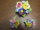 Vintage Set Denton China Flower Brooch and Earrings, Made in England