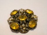 Vintage Pot Metal Amber Glass Brooch