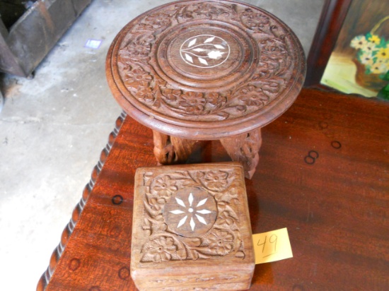 Vintage Carved Wood Plant Stand and Trinket Box