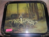 Antique Framed Picture Girl with Sheep