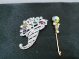 Lot of 2 Vintage Rhinestone Brooch and Stick Pin