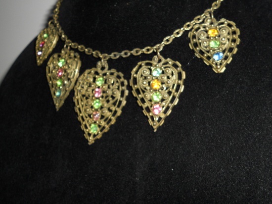 Vintage Art Deco Metal and Rhinestone Dangle Necklace