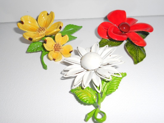 Lot of 3 Vintage Enamel Flower Brooches