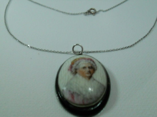 Vintage Hand Painted Portrait Sterling Necklace