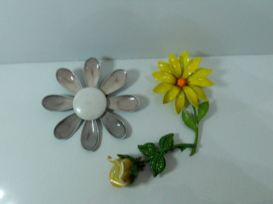 Lot of 3 Vintage Enamel Flower Brooches