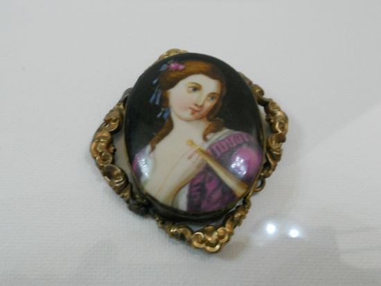 Vintage Painted Portrait Brooch