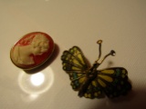Lot of 2 Vintage Brooches, Cameo and Butterfly