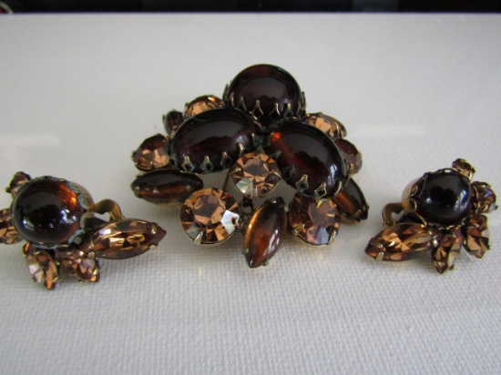 Stunning Vintage Amber and Gold Glass Rhinestone Brooch Set