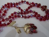 Vintage Glass Red Beads with Red Rhinestone Rose
