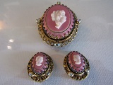 W. Germany Pink Cameo Brooch and Earring Set