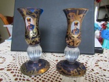 Lot of 2 Bohemian Hand Painted Glass Candle Holders