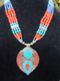 Silver Tibetan and Red Coral Necklace