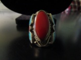 Tibetan Red Coral and Turqoise Silver Ring