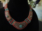 Tibetan Red Coral and Turqoise Silver Necklace