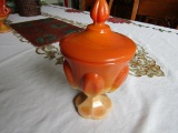 Vintage Orange Slag Glass Dish with Lid