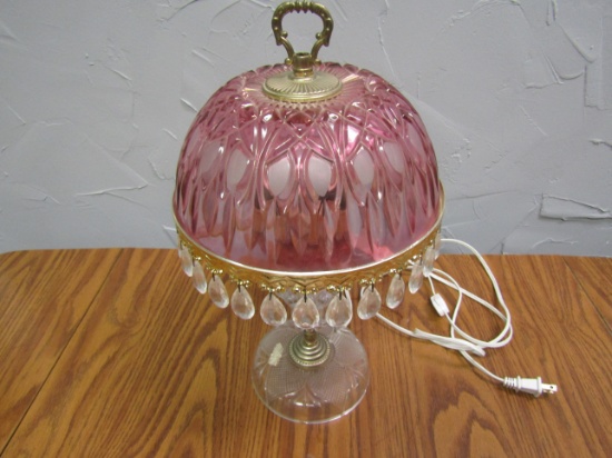 Lamp, Craneberry Cut Glass  Shade, Electric