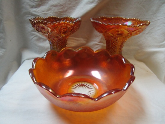 Lot of 3 Orange Carnival Glass and Orange Glass Bowl