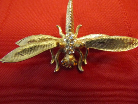 Vintage Dragonfly Jiggler Rhinestone Brooch