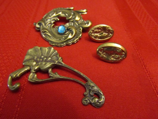 Vintage Lot of 3 Art Nouveau Brooches and Earrings, Post