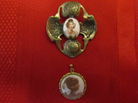 Vintage/Antique Lot of 2 Handpainted Portrait Brooch and Cameo Pendent