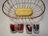 Lot of 5 Wire Fruit Basket and 4 Walking Ded Shot Glasses