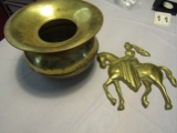 Lot of 2 Brass Spitoon and Horse Wall Hanging