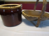 Lot of 2 Brown Crock and Collapsible Wood Basket