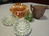 Lot of 4 Carnival Glass, Candle Holders, Pitcher
