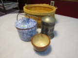 Lot of 4, Pottery, Metal Coffee Jar, Basket
