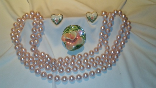 Lot of 4 Pink Pearls Flower Brooch and Heart/Flower Earrings