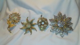 Retro Lot of 4 Gold Tone and Clear Rhinestone  Brooches