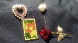 4 Lot Vintage Stamp Design Pin, Stick Pin, Rose and Heart Brooches