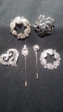 Lot of 6 Vintage Black and Rhinestone Brooches and Stick Pins
