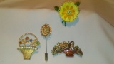 Lot of 4 Basket Brooches and Needlework Stick Pins