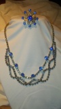 2 pc. Blue Rhinestone Necklace and Brooch Set