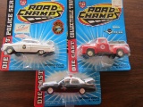 Lot of 3 Road Champ Cars, 2 Police, 1 Pick-up, Die Cast