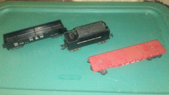 N&W American Flyer Car, Marx Coal Car, and K-Line Giant Eagle Flat Car