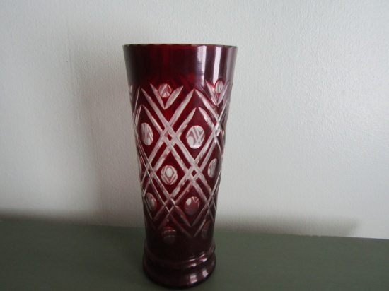 Antique Bohemian Red Etched Glass, 8.5" Tall