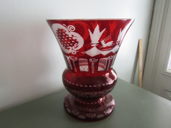 Antique Bohemian Red Etched Deer Vase