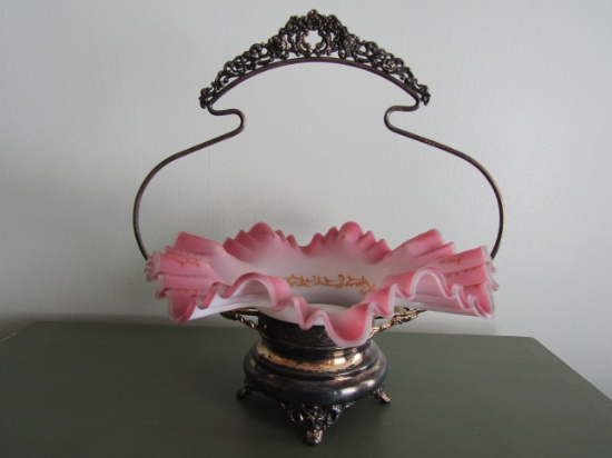 Antique Victorian Wedding Basket with Pink Bowl, Quadruple Plate
