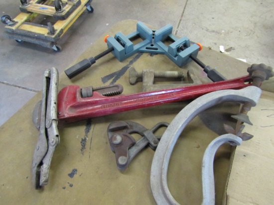 Lot of Tools, 24" Ridgid Pipe Wrench, Cable Puller Tool, Clamps