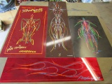 Lot of 4 Pinstrip Painted Metal Pieces, 2-Signed