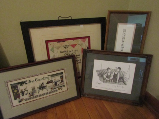 Lot of 4 framed Art, 1-P. Buckley Moss "Getting to Know You", 1- Needlepoint