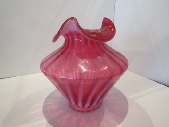 Fenton Candy Stripe Cranberry Opalescent Vase