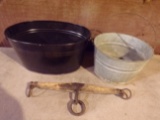 lot of 3 - 1 metal bucket. 1 galvanized bucket. 1 Antique yoke