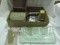 Office Supplies, Pens, Calculators, File Box, Ink Well Holder with some Damage on Bottom