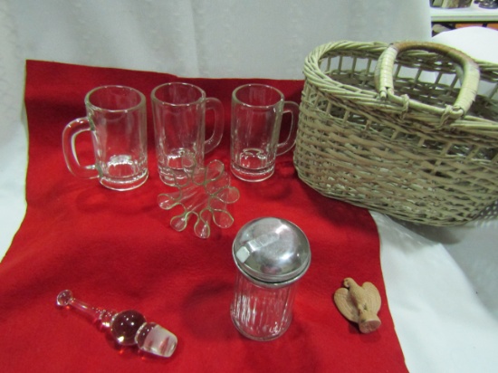 Vintage Basket with Mugs, Stopper, Jar, Vase