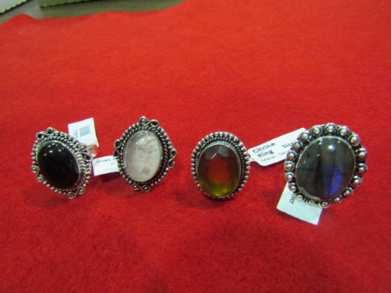 4 Rings, German Silver, Rose Quartz, Citrine, Black Onyx, Labradorite, Size 7 and 8