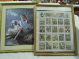 2 Vintage Framed Prints, Civil War Stamps, Girl with Dog